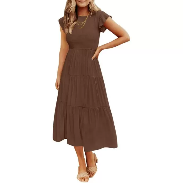 imageZESICA Womens 2024 Summer Casual Flutter Short Sleeve Crew Neck Smocked Elastic Waist Tiered Midi DressCoffee