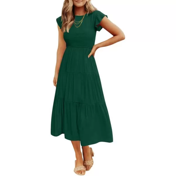 imageZESICA Womens 2024 Summer Casual Flutter Short Sleeve Crew Neck Smocked Elastic Waist Tiered Midi DressDark Green
