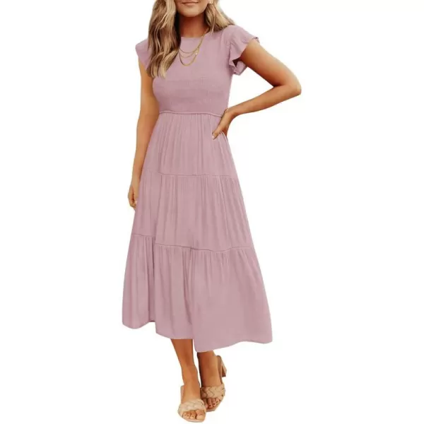 imageZESICA Womens 2024 Summer Casual Flutter Short Sleeve Crew Neck Smocked Elastic Waist Tiered Midi DressDark Pink
