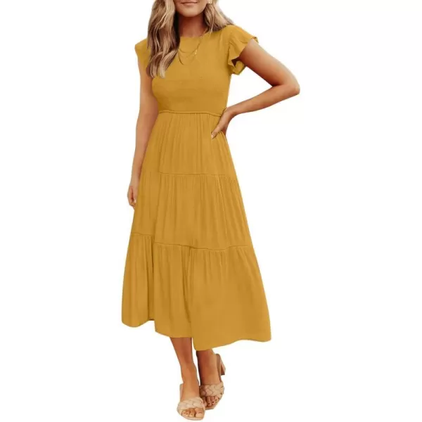 imageZESICA Womens 2024 Summer Casual Flutter Short Sleeve Crew Neck Smocked Elastic Waist Tiered Midi DressGinger