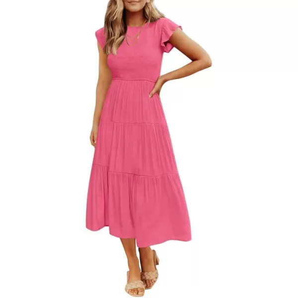 imageZESICA Womens 2024 Summer Casual Flutter Short Sleeve Crew Neck Smocked Elastic Waist Tiered Midi DressHot Pink