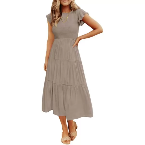 imageZESICA Womens 2024 Summer Casual Flutter Short Sleeve Crew Neck Smocked Elastic Waist Tiered Midi DressLight Khaki