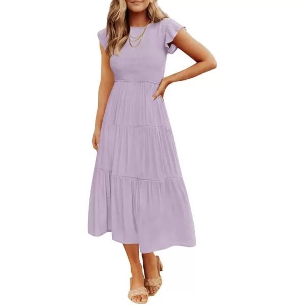 imageZESICA Womens 2024 Summer Casual Flutter Short Sleeve Crew Neck Smocked Elastic Waist Tiered Midi DressLight Purple