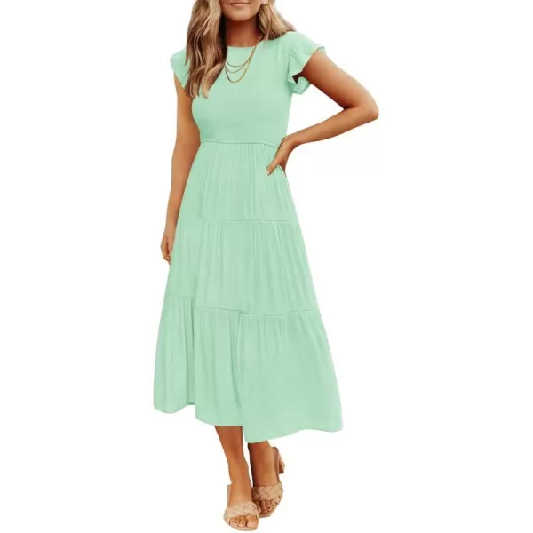 imageZESICA Womens 2024 Summer Casual Flutter Short Sleeve Crew Neck Smocked Elastic Waist Tiered Midi DressMint