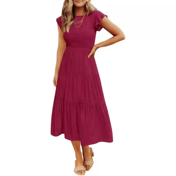 imageZESICA Womens 2024 Summer Casual Flutter Short Sleeve Crew Neck Smocked Elastic Waist Tiered Midi DressPlum