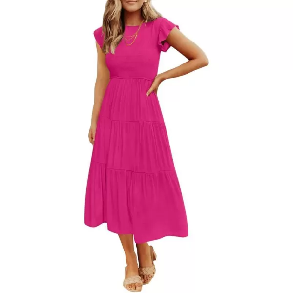 imageZESICA Womens 2024 Summer Casual Flutter Short Sleeve Crew Neck Smocked Elastic Waist Tiered Midi DressRose