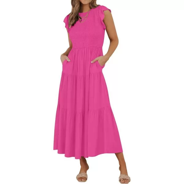 imageZESICA Womens 2024 Summer Casual Flutter Short Sleeve Crew Neck Smocked Elastic Waist Tiered Midi DressRose Pink
