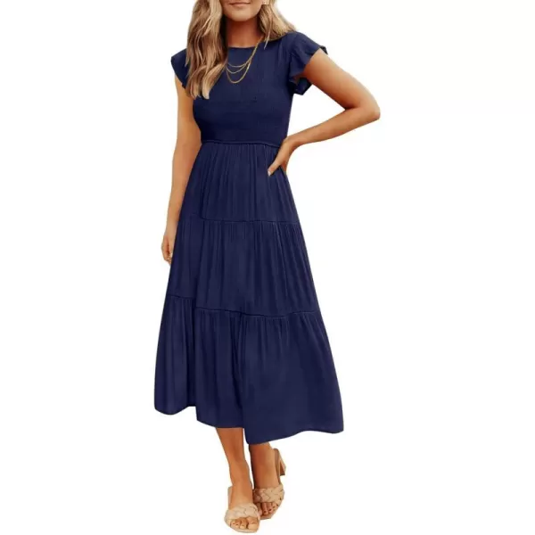 imageZESICA Womens 2024 Summer Casual Flutter Short Sleeve Crew Neck Smocked Elastic Waist Tiered Midi DressRoyal Blue