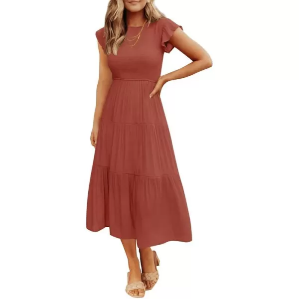 imageZESICA Womens 2024 Summer Casual Flutter Short Sleeve Crew Neck Smocked Elastic Waist Tiered Midi DressRust