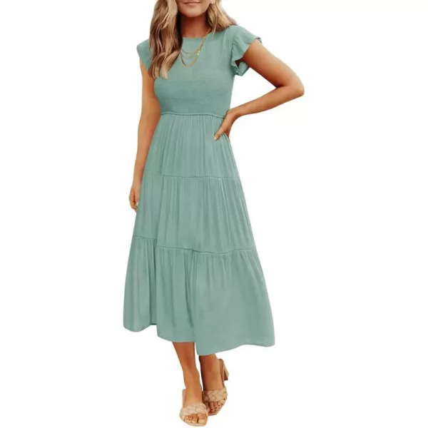 imageZESICA Womens 2024 Summer Casual Flutter Short Sleeve Crew Neck Smocked Elastic Waist Tiered Midi DressSage