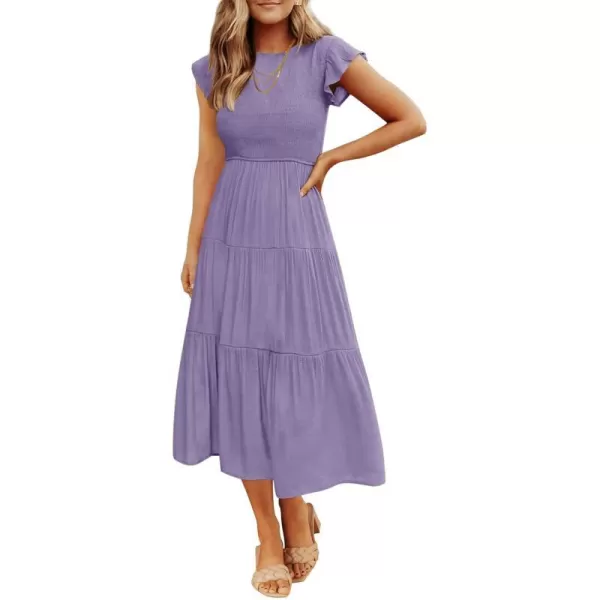 imageZESICA Womens 2024 Summer Casual Flutter Short Sleeve Crew Neck Smocked Elastic Waist Tiered Midi DressViolet