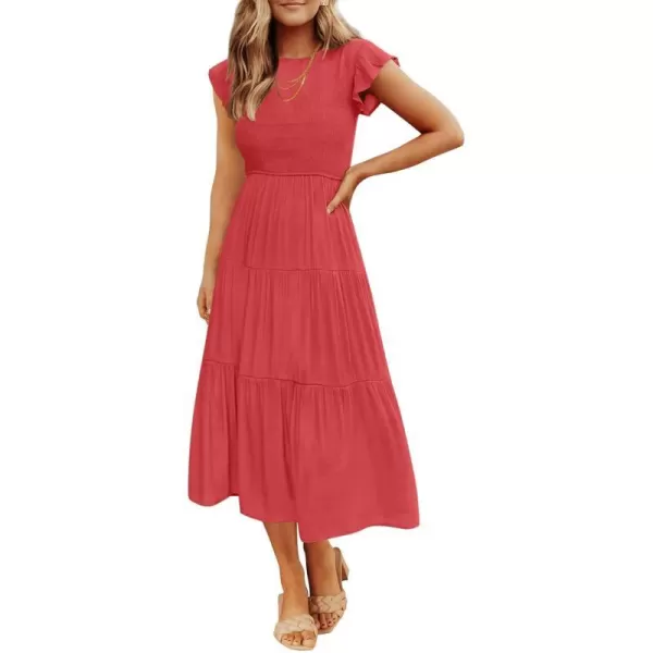 imageZESICA Womens 2024 Summer Casual Flutter Short Sleeve Crew Neck Smocked Elastic Waist Tiered Midi DressWatermelon Red