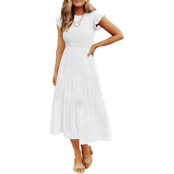 imageZESICA Womens 2024 Summer Casual Flutter Short Sleeve Crew Neck Smocked Elastic Waist Tiered Midi DressWhite