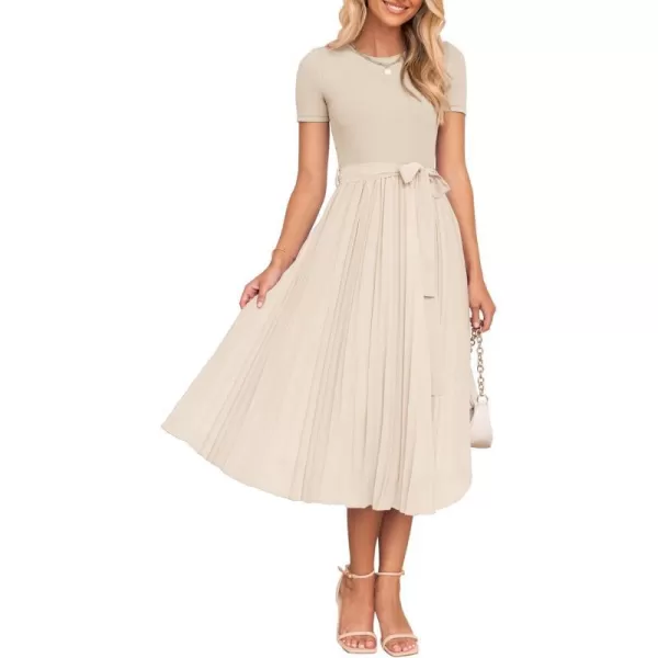 imageZESICA Womens 2024 Summer Casual Short Sleeve Crewneck Ribbed Knit Belted Chiffon Layered Pleated A Line Midi DressApricot