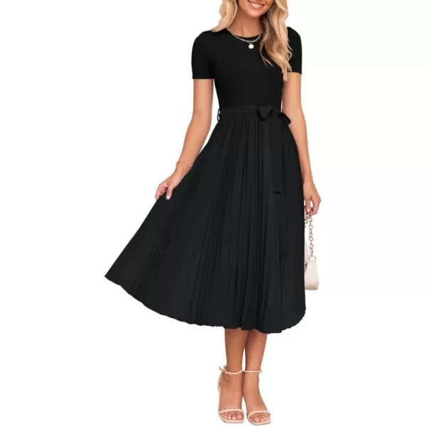 imageZESICA Womens 2024 Summer Casual Short Sleeve Crewneck Ribbed Knit Belted Chiffon Layered Pleated A Line Midi DressBlack
