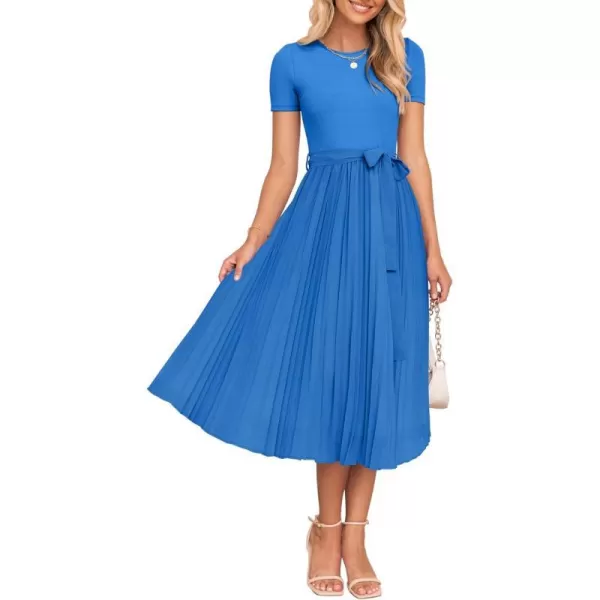 imageZESICA Womens 2024 Summer Casual Short Sleeve Crewneck Ribbed Knit Belted Chiffon Layered Pleated A Line Midi DressCobalt Blue