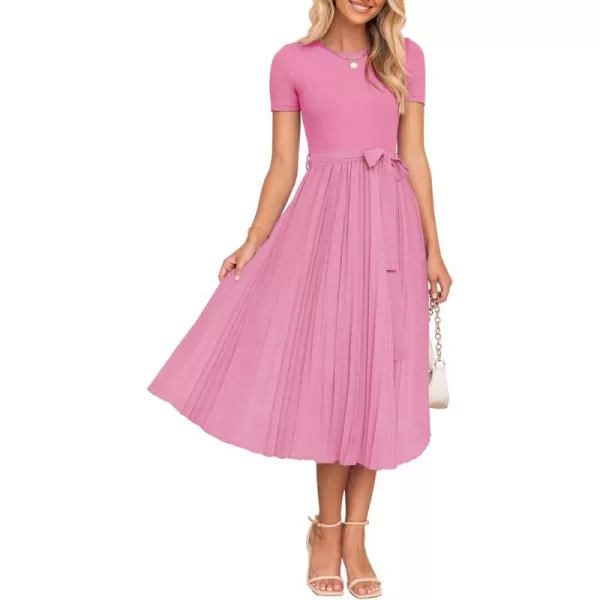 imageZESICA Womens 2024 Summer Casual Short Sleeve Crewneck Ribbed Knit Belted Chiffon Layered Pleated A Line Midi DressPink