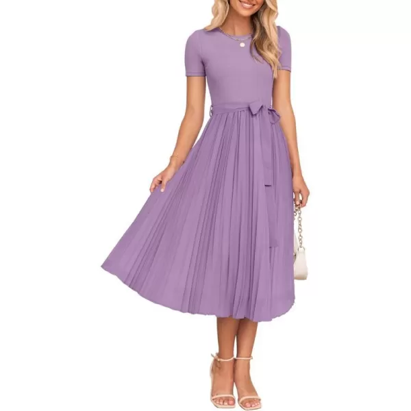 imageZESICA Womens 2024 Summer Casual Short Sleeve Crewneck Ribbed Knit Belted Chiffon Layered Pleated A Line Midi DressPurple