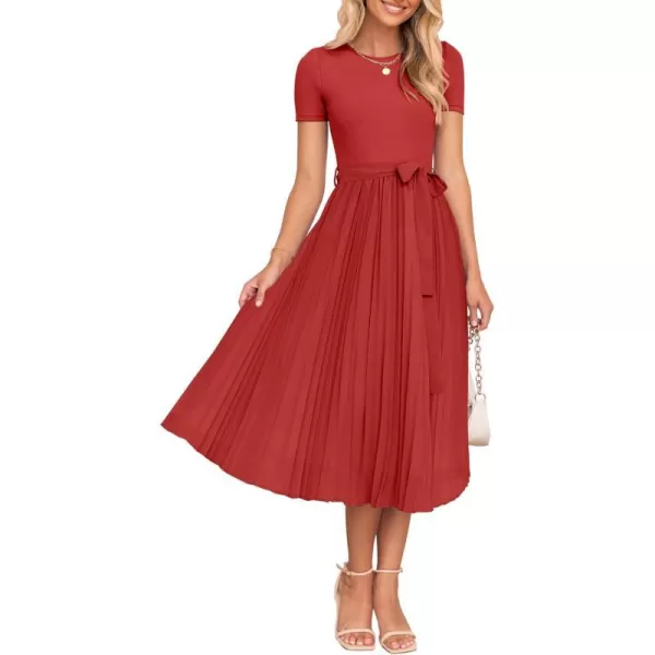imageZESICA Womens 2024 Summer Casual Short Sleeve Crewneck Ribbed Knit Belted Chiffon Layered Pleated A Line Midi DressRed