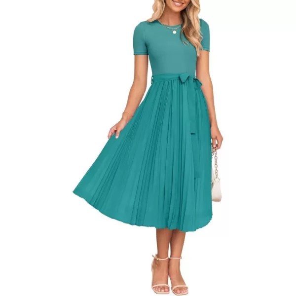 imageZESICA Womens 2024 Summer Casual Short Sleeve Crewneck Ribbed Knit Belted Chiffon Layered Pleated A Line Midi DressTurquoise