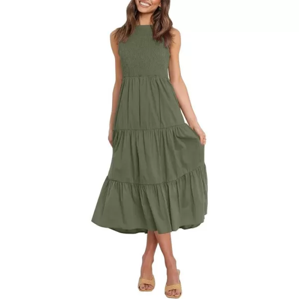 imageZESICA Womens 2024 Summer Casual Sleeveless Crew Neck Smocked High Waist Flowy Tiered A Line Midi DressArmygreen
