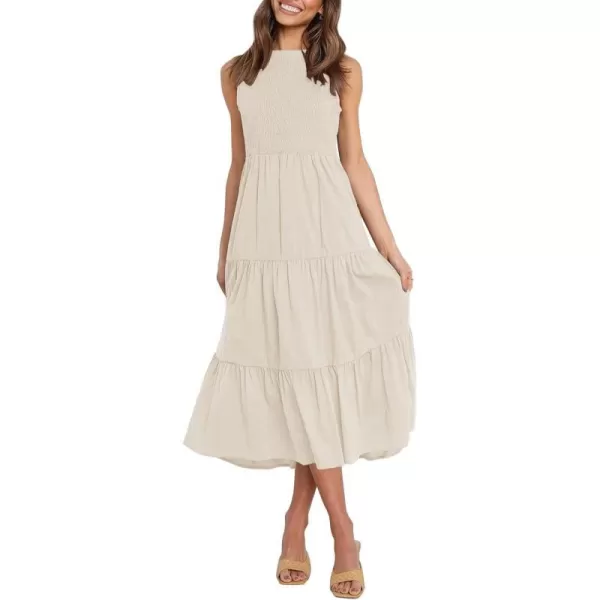 imageZESICA Womens 2024 Summer Casual Sleeveless Crew Neck Smocked High Waist Flowy Tiered A Line Midi DressBeige