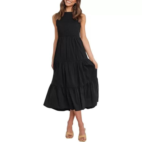 imageZESICA Womens 2024 Summer Casual Sleeveless Crew Neck Smocked High Waist Flowy Tiered A Line Midi DressBlack