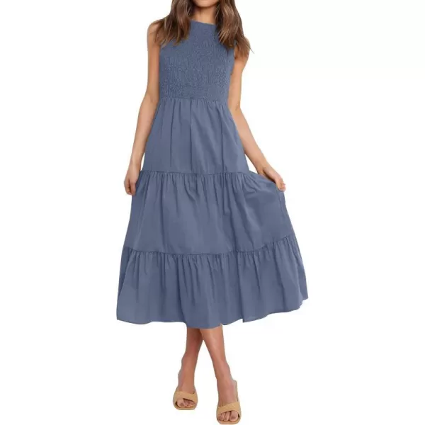 imageZESICA Womens 2024 Summer Casual Sleeveless Crew Neck Smocked High Waist Flowy Tiered A Line Midi DressDustyblue