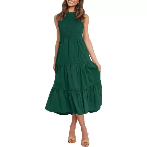 imageZESICA Womens 2024 Summer Casual Sleeveless Crew Neck Smocked High Waist Flowy Tiered A Line Midi DressForestgreen