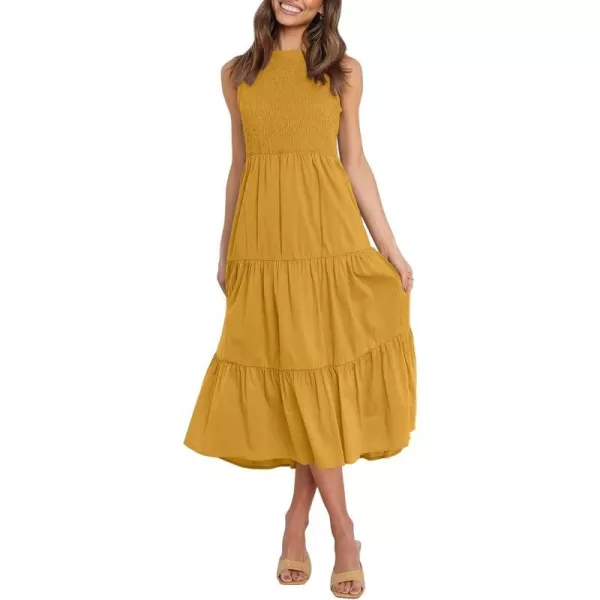 imageZESICA Womens 2024 Summer Casual Sleeveless Crew Neck Smocked High Waist Flowy Tiered A Line Midi DressGinger
