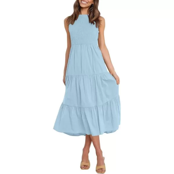 imageZESICA Womens 2024 Summer Casual Sleeveless Crew Neck Smocked High Waist Flowy Tiered A Line Midi DressLightblue