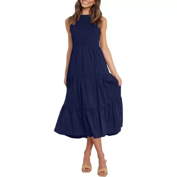 imageZESICA Womens 2024 Summer Casual Sleeveless Crew Neck Smocked High Waist Flowy Tiered A Line Midi DressNavy