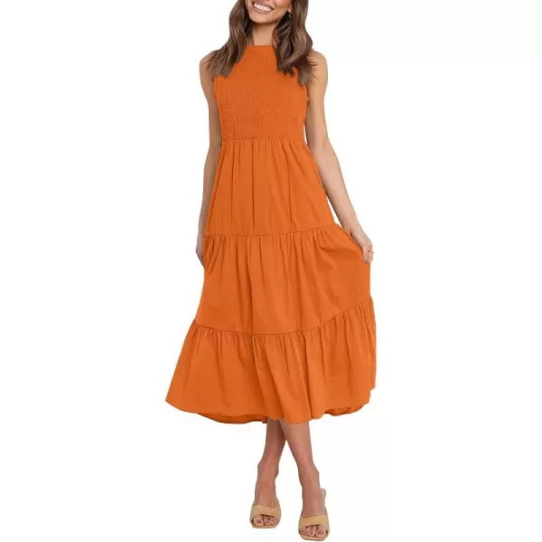 imageZESICA Womens 2024 Summer Casual Sleeveless Crew Neck Smocked High Waist Flowy Tiered A Line Midi DressOrange