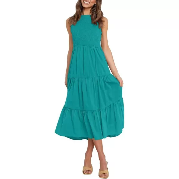 imageZESICA Womens 2024 Summer Casual Sleeveless Crew Neck Smocked High Waist Flowy Tiered A Line Midi DressPeacock