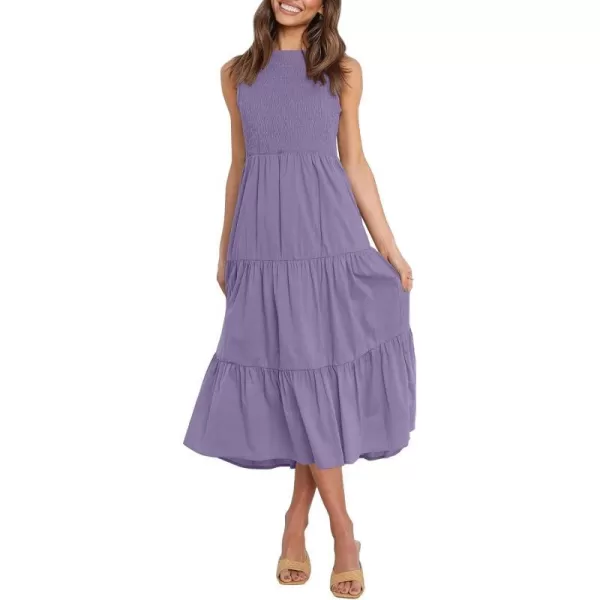 imageZESICA Womens 2024 Summer Casual Sleeveless Crew Neck Smocked High Waist Flowy Tiered A Line Midi DressPurple