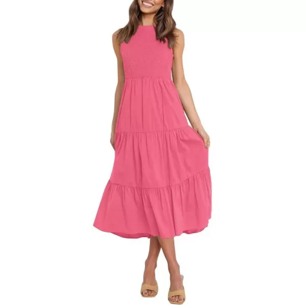 imageZESICA Womens 2024 Summer Casual Sleeveless Crew Neck Smocked High Waist Flowy Tiered A Line Midi DressRose