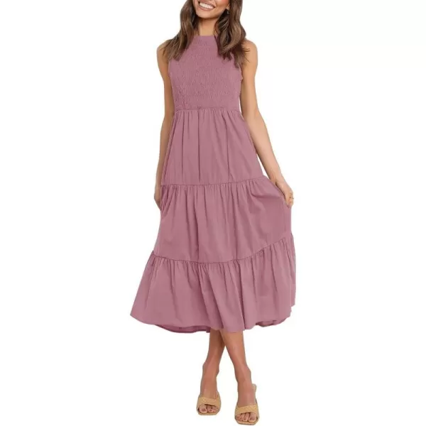 imageZESICA Womens 2024 Summer Casual Sleeveless Crew Neck Smocked High Waist Flowy Tiered A Line Midi DressRosypink