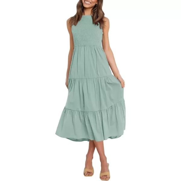 imageZESICA Womens 2024 Summer Casual Sleeveless Crew Neck Smocked High Waist Flowy Tiered A Line Midi DressSage