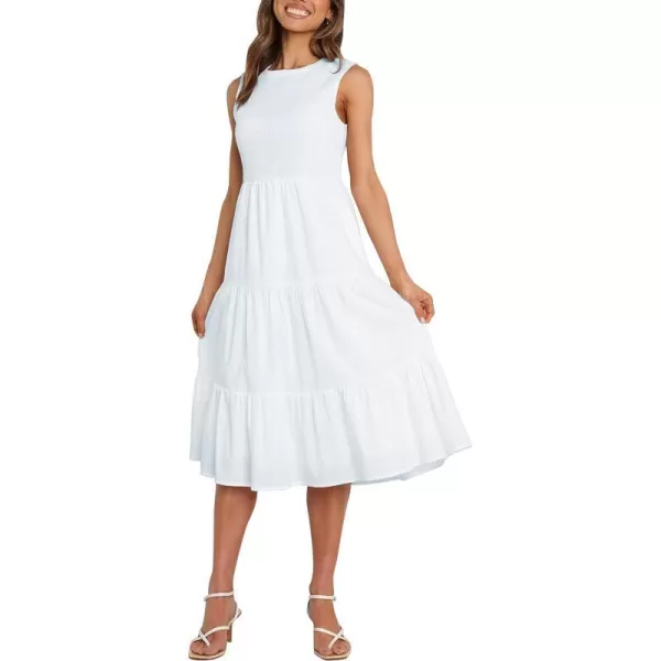 imageZESICA Womens 2024 Summer Casual Sleeveless Crew Neck Smocked High Waist Flowy Tiered A Line Midi DressWhite