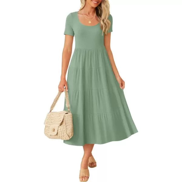 imageZESICA Womens 2024 Summer Casual T Shirt Dress Short Sleeve Scoop Neck Flowy Tiered Beach Midi Dresses with PocketsSagegreen