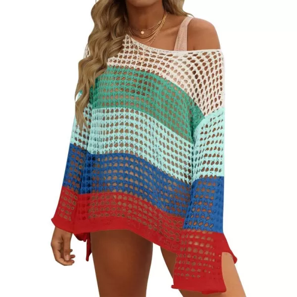 imageZESICA Womens 2024 Summer Crochet Hollow Out Long Sleeve Beach Bikini Swimsuit Mesh Cover Up Tunic TopBluegreen