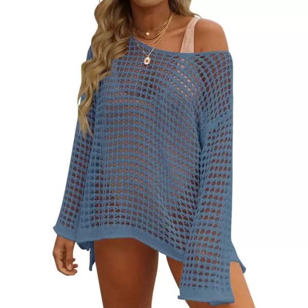 imageZESICA Womens 2024 Summer Crochet Hollow Out Long Sleeve Beach Bikini Swimsuit Mesh Cover Up Tunic TopDustyblue