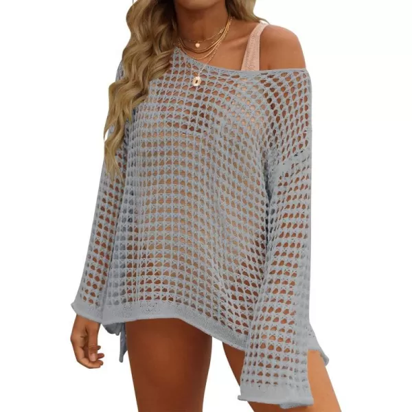 imageZESICA Womens 2024 Summer Crochet Hollow Out Long Sleeve Beach Bikini Swimsuit Mesh Cover Up Tunic TopGrey