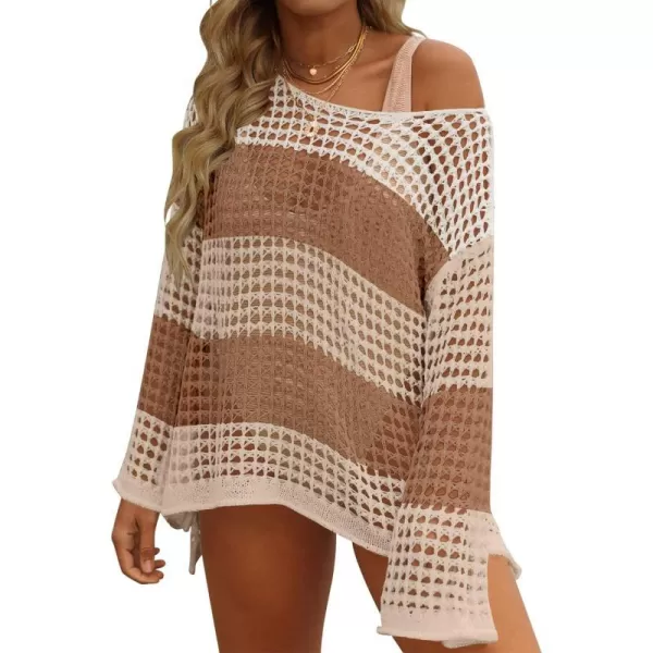imageZESICA Womens 2024 Summer Crochet Hollow Out Long Sleeve Beach Bikini Swimsuit Mesh Cover Up Tunic TopKhaki