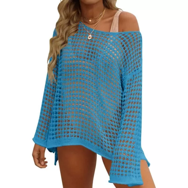 imageZESICA Womens 2024 Summer Crochet Hollow Out Long Sleeve Beach Bikini Swimsuit Mesh Cover Up Tunic TopLakeblue