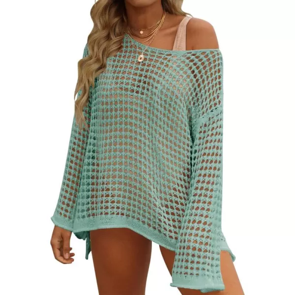 imageZESICA Womens 2024 Summer Crochet Hollow Out Long Sleeve Beach Bikini Swimsuit Mesh Cover Up Tunic TopMint