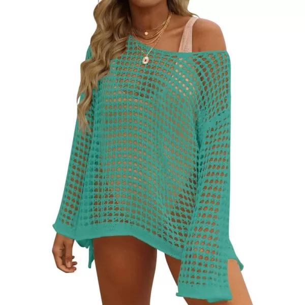 imageZESICA Womens 2024 Summer Crochet Hollow Out Long Sleeve Beach Bikini Swimsuit Mesh Cover Up Tunic TopPeacock