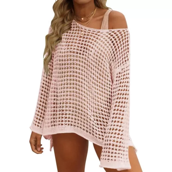 imageZESICA Womens 2024 Summer Crochet Hollow Out Long Sleeve Beach Bikini Swimsuit Mesh Cover Up Tunic TopPink