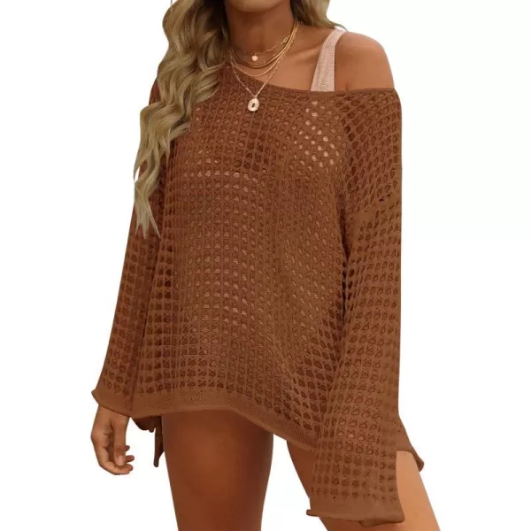 imageZESICA Womens 2024 Summer Crochet Hollow Out Long Sleeve Beach Bikini Swimsuit Mesh Cover Up Tunic TopRedbrown