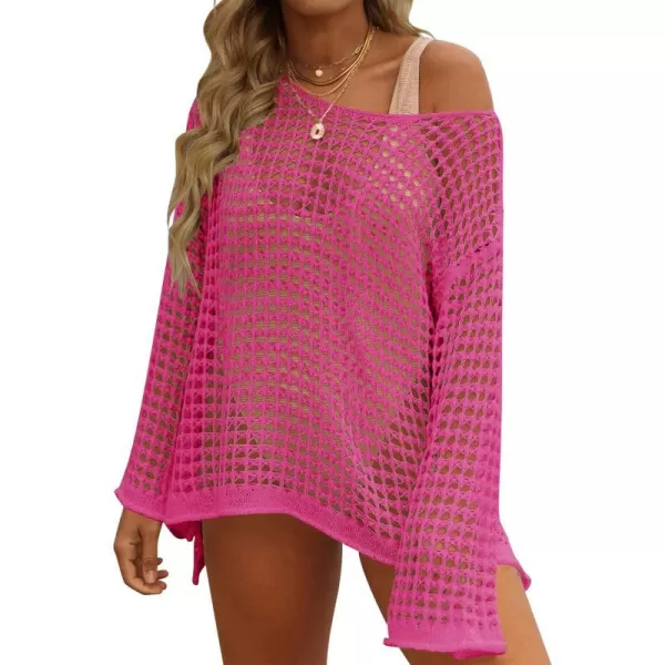 imageZESICA Womens 2024 Summer Crochet Hollow Out Long Sleeve Beach Bikini Swimsuit Mesh Cover Up Tunic TopRosepink